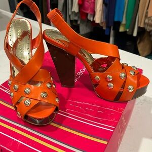 BCBG size 5.5 SHOES, ORANGE LEATHER w/GOLD STUDS